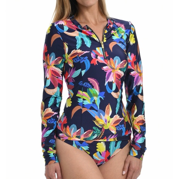 La Blanca Other - La‎ Blanca Paradise Long Sleeve Half Zip Rashguard Floral Beach Wear Top Size L